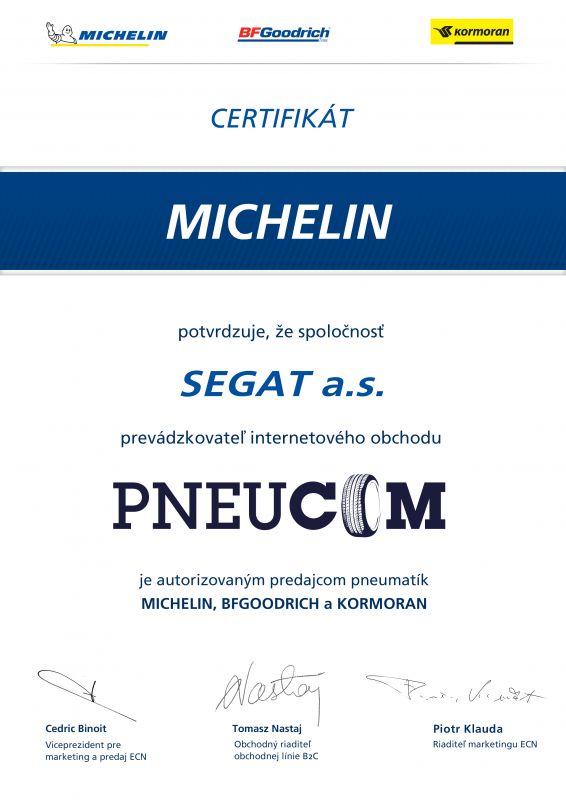 Certifikát autorizovaný prodejce Michelin